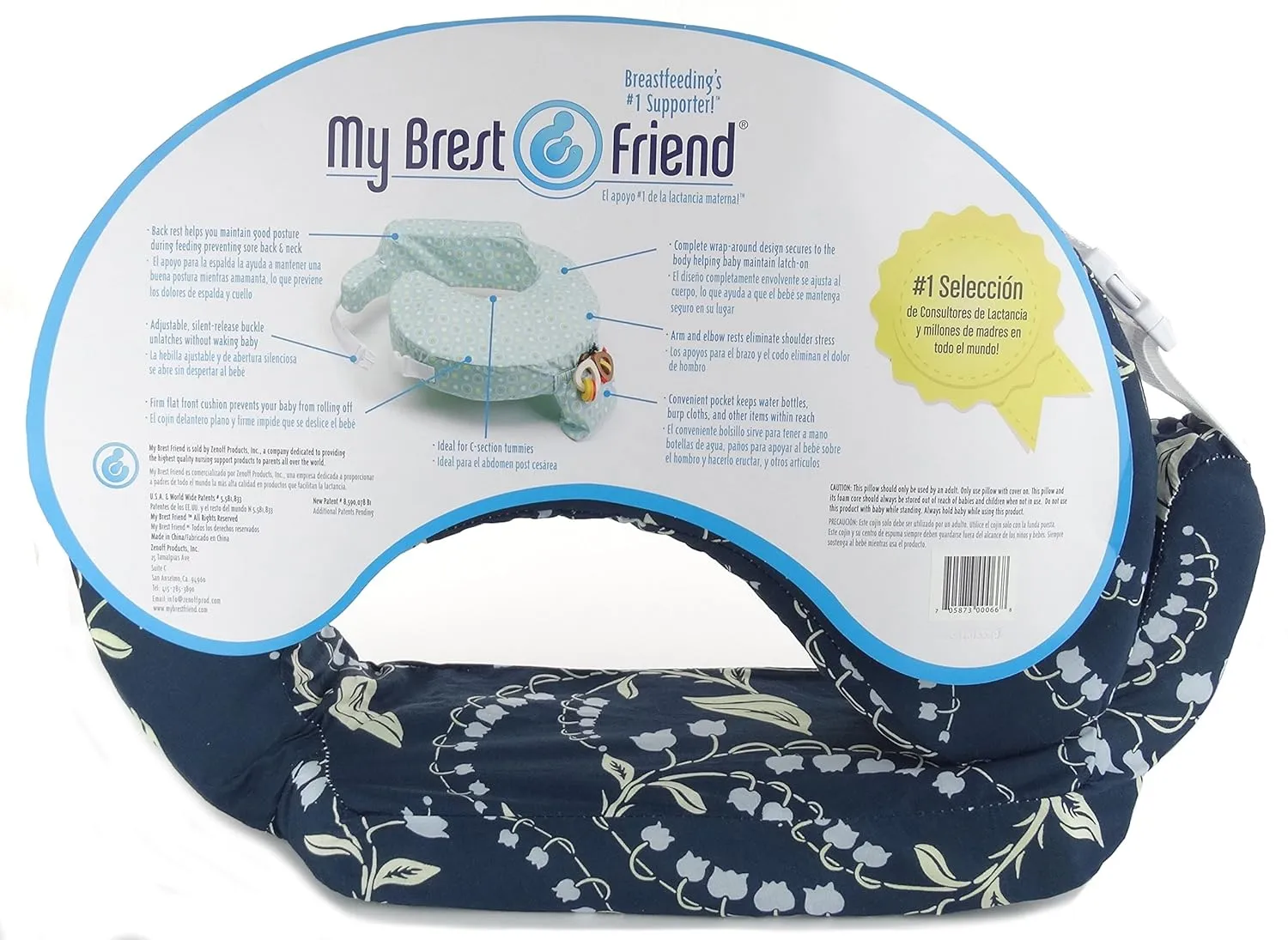 My Brest Friend Original Nursing Pillow Enhanced Ergonomics Essential Breastfeeding Pillow Support For Mom & Baby W/ Convenient Side Pocket, Double Straps & Slipcover, Navy Bluebells