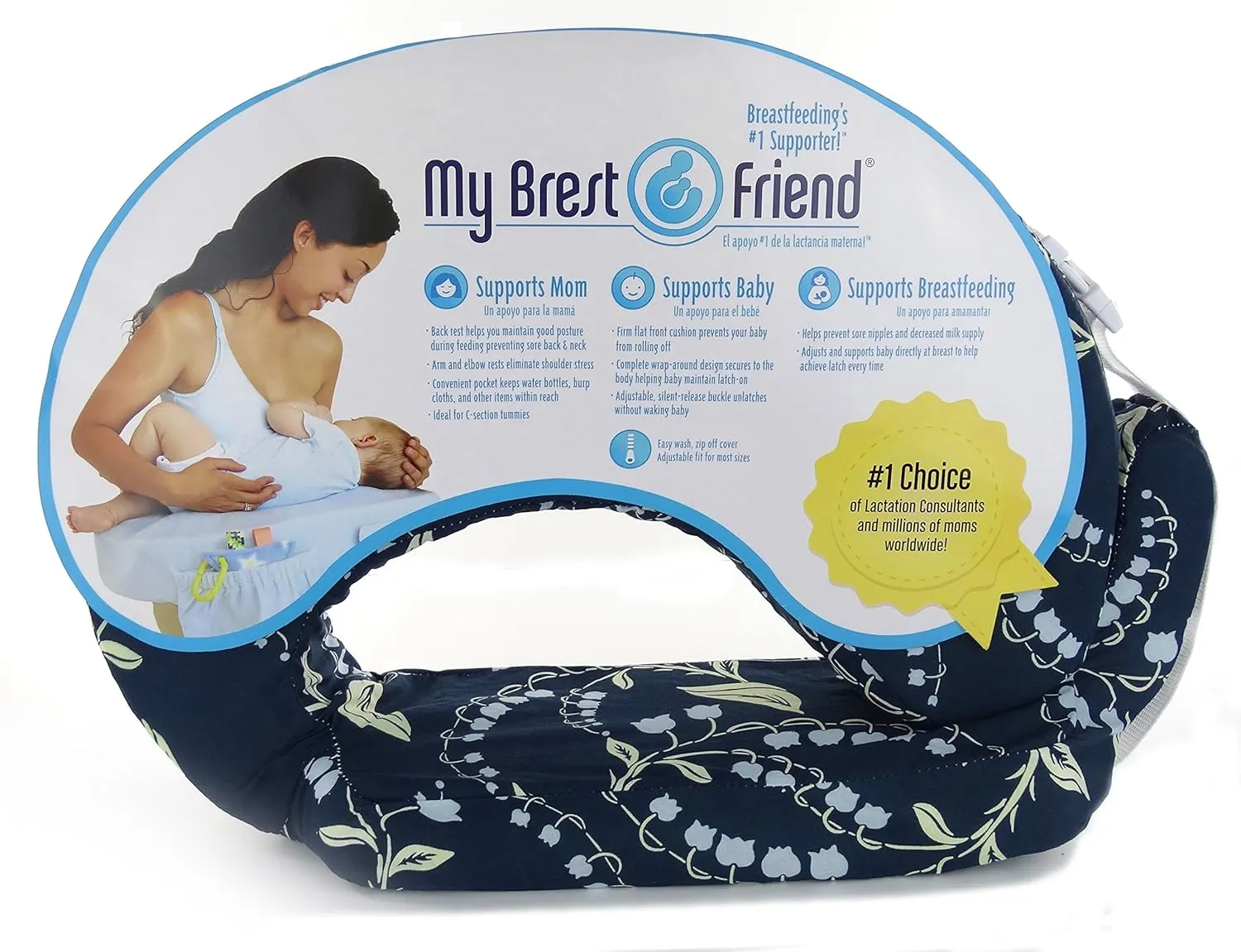 My Brest Friend Original Nursing Pillow Enhanced Ergonomics Essential Breastfeeding Pillow Support For Mom & Baby W/ Convenient Side Pocket, Double Straps & Slipcover, Navy Bluebells