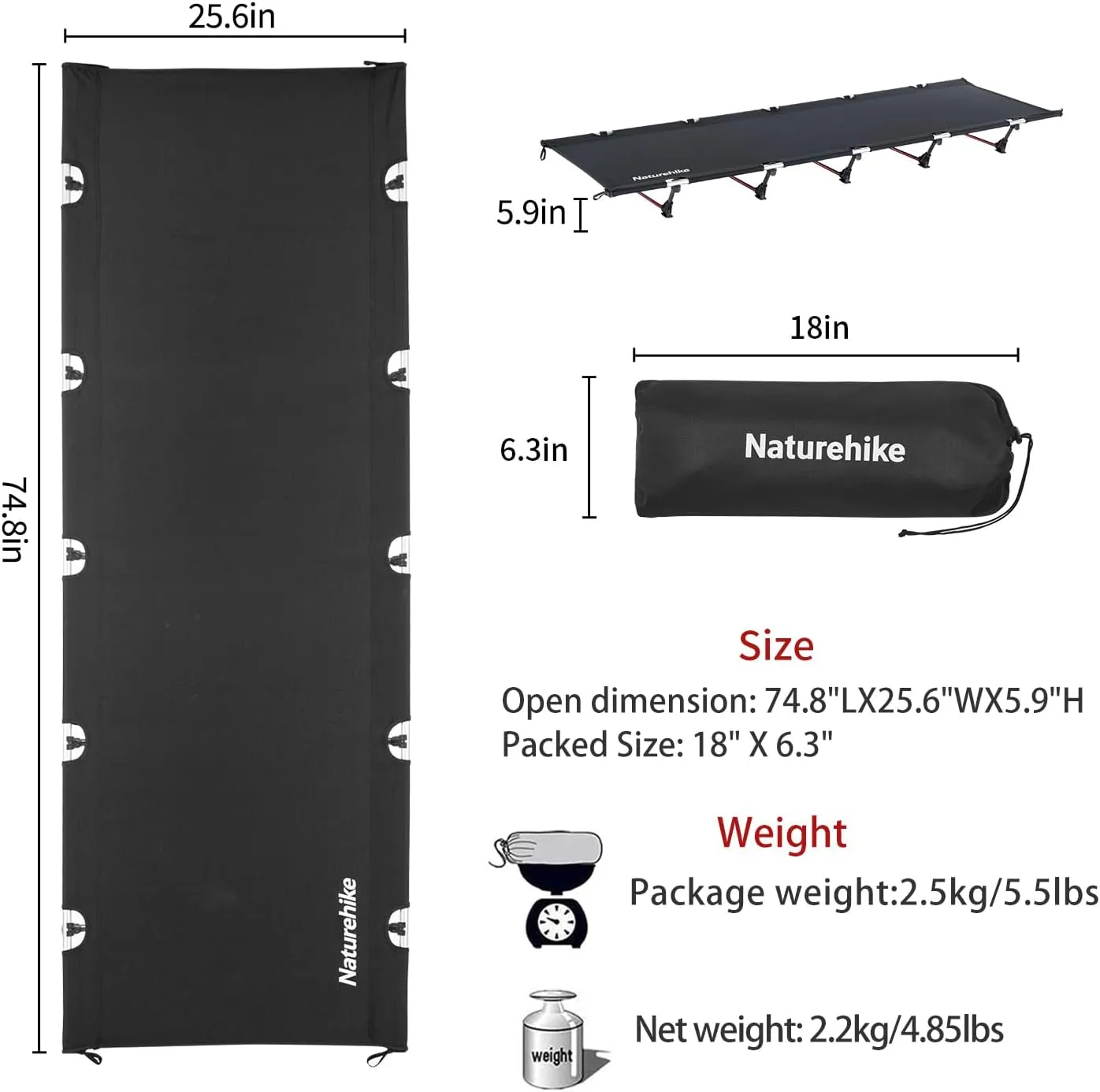 Naturehike GreenWild Camping Cot, Ultralight Folding Backpacking Cot, Supports 330lbs, Portable Camping Bed for Adults for Camping Hiking Travel Home, Black
