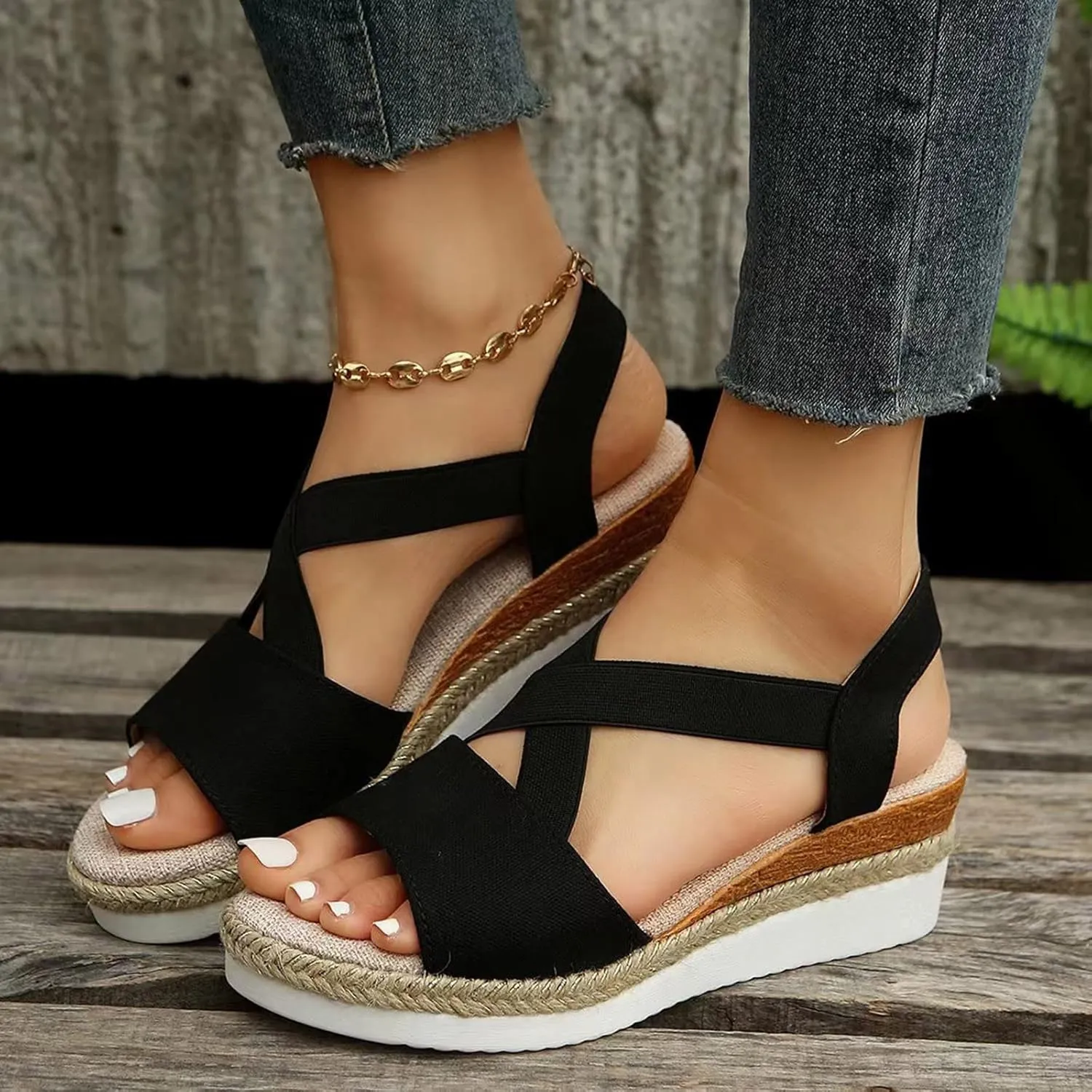 Orthopedic Platform Wedge Sandals for Women Summer Dressy 2023 Flat Open Toe Ankle Strap Espadrilles Sandals Casual Strappy Slip on Sandals Beach Boho Sandals Comfortable Outdoor Shoes (2-Bronze, 6.5)