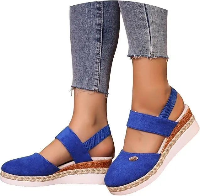 Orthopedic Platform Wedge Sandals for Women Summer Dressy，Elastic Ankle Strap Closed Toe Sandals Anti Slip Beach Sandals Comfortable Outdoor Shoes