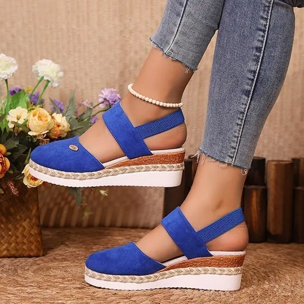 Orthopedic Platform Wedge Sandals for Women Summer Dressy，Elastic Ankle Strap Closed Toe Sandals Anti Slip Beach Sandals Comfortable Outdoor Shoes