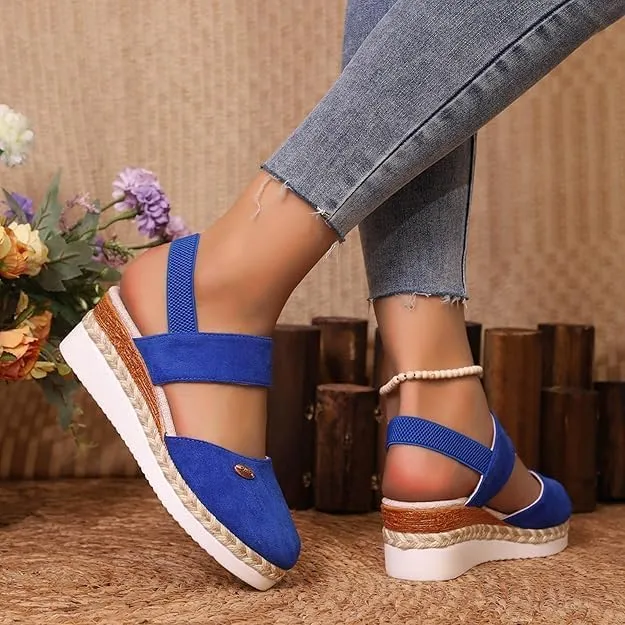 Orthopedic Platform Wedge Sandals for Women Summer Dressy，Elastic Ankle Strap Closed Toe Sandals Anti Slip Beach Sandals Comfortable Outdoor Shoes