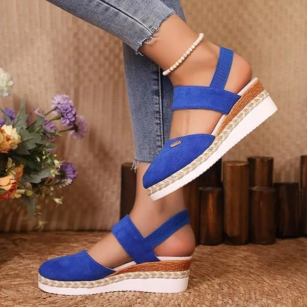 Orthopedic Platform Wedge Sandals for Women Summer Dressy，Elastic Ankle Strap Closed Toe Sandals Anti Slip Beach Sandals Comfortable Outdoor Shoes