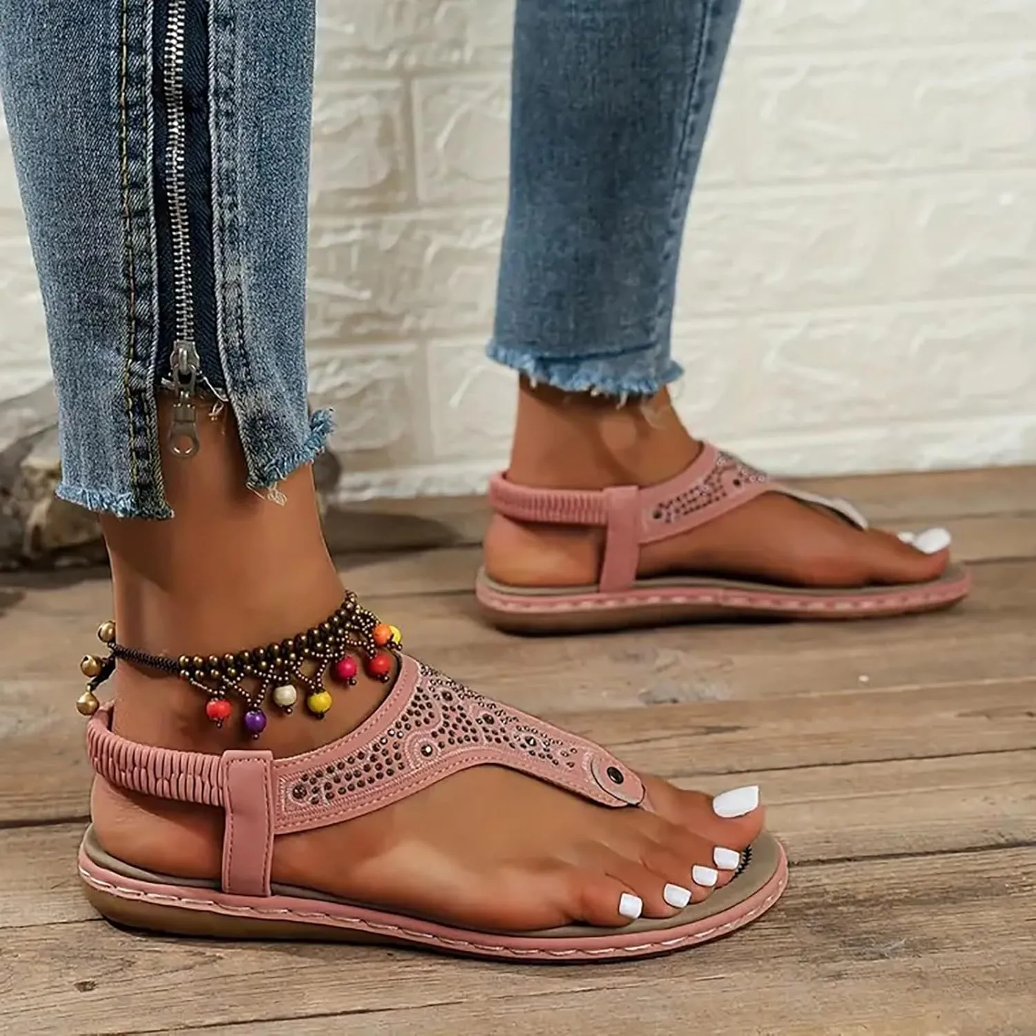 Orthopedic Sandals for Women Fashion Glitter Casual Elastic Strappy Flip Flops Summer Comfy Breathable Beach Flat Sandals