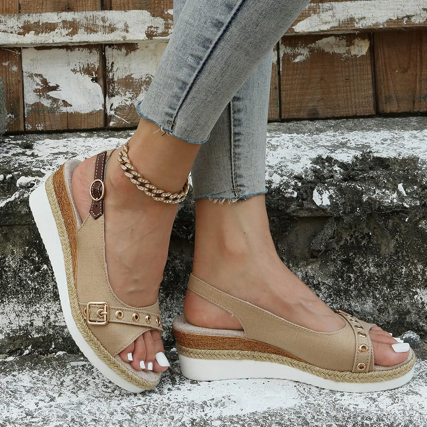 Orthopedic Sandals for Women,Women Walking Slippers with Arch Support Wedge Sandals Summer Dressy Open Toe Ankle Strap Platform Beach Casual Slip on Sandals Beach Dress Comfortable (Beige-5, 8)