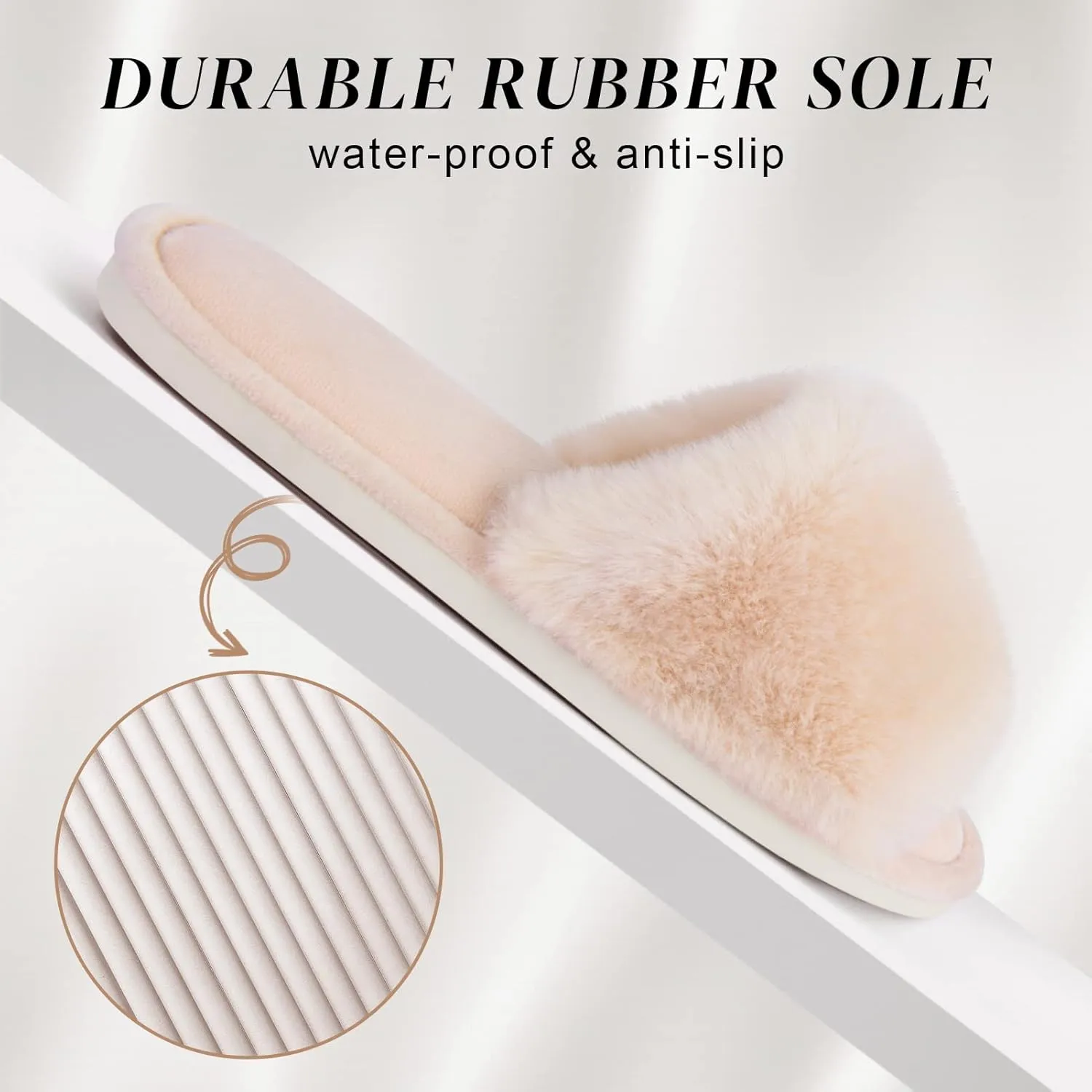 Parlovable Women's Faux Fur Slippers Fuzzy Flat Spa Fluffy Open Toe House Shoes Indoor Outdoor Slip on Memory Foam Slide Sandals