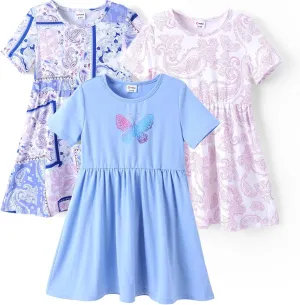 PATPAT Toddler Girl Floral Skater Multipack Dresses 3-Pack Polka Dots Short Sleeve Priness A-line Dress