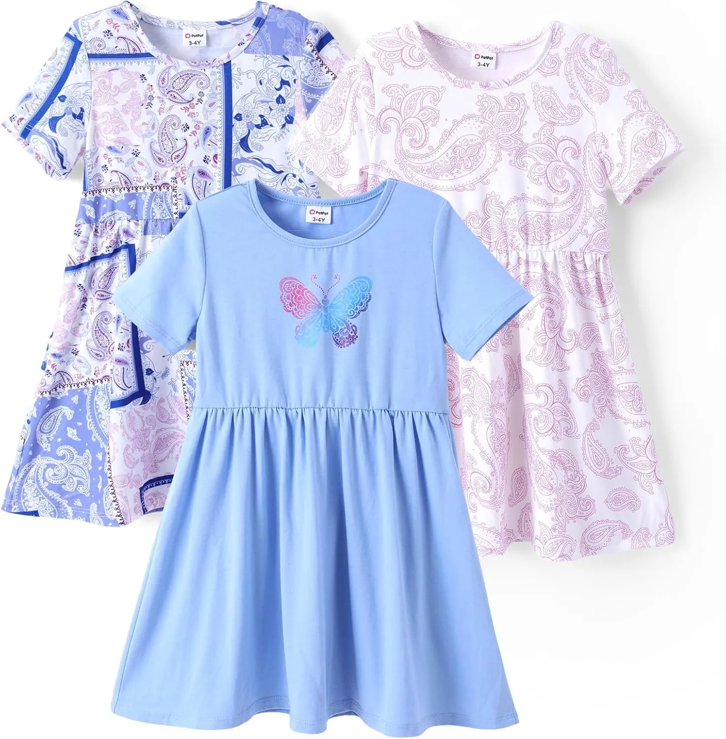 PATPAT Toddler Girl Floral Skater Multipack Dresses 3-Pack Polka Dots Short Sleeve Priness A-line Dress