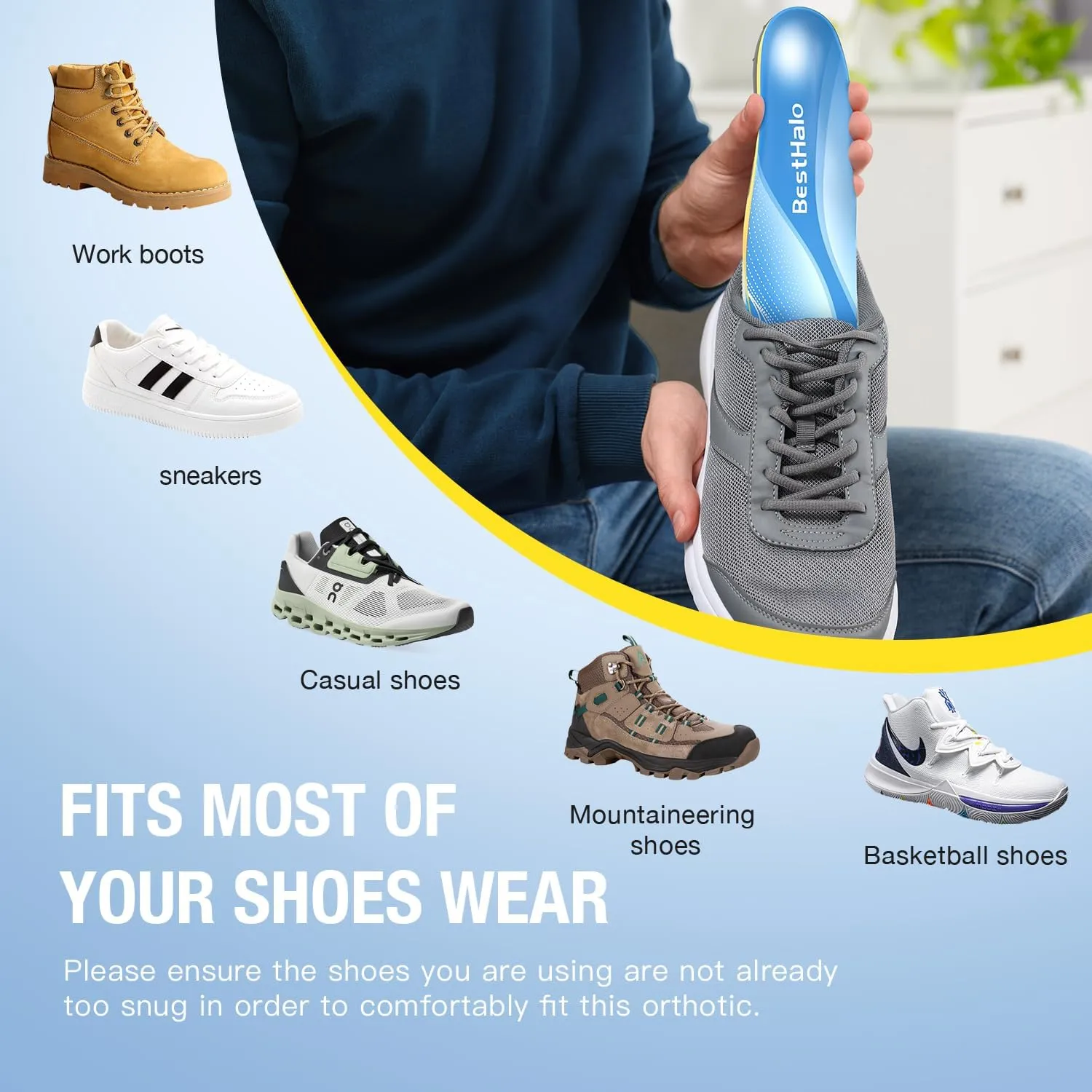 Plantar Fasciitis Insoles - High Arch Support Inserts, Gel Cushion, Relief for Flat Feet - 220  lbs Orthotics Insoles Ideal for Work Boots (Blue, Men 7-8.5 | Women 8-9.5)