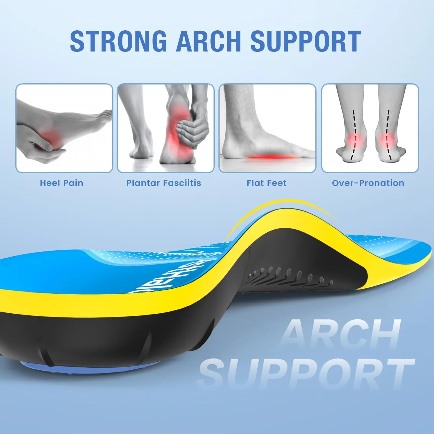 Plantar Fasciitis Insoles - High Arch Support Inserts, Gel Cushion, Relief for Flat Feet - 220  lbs Orthotics Insoles Ideal for Work Boots (Blue, Men 7-8.5 | Women 8-9.5)