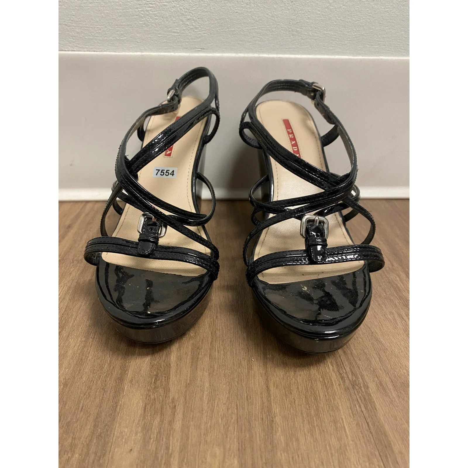 Prada Black Patent Strappy Platform Sandal Sz 39 1/2