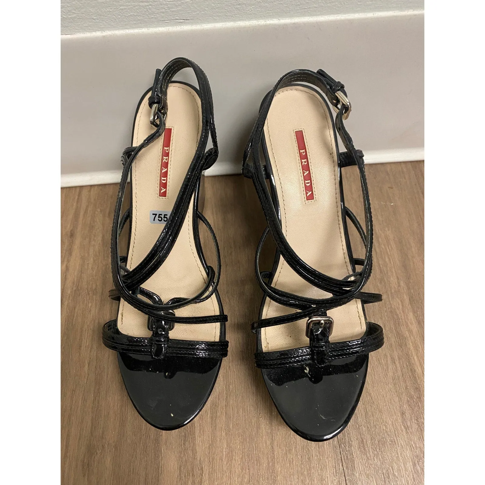 Prada Black Patent Strappy Platform Sandal Sz 39 1/2