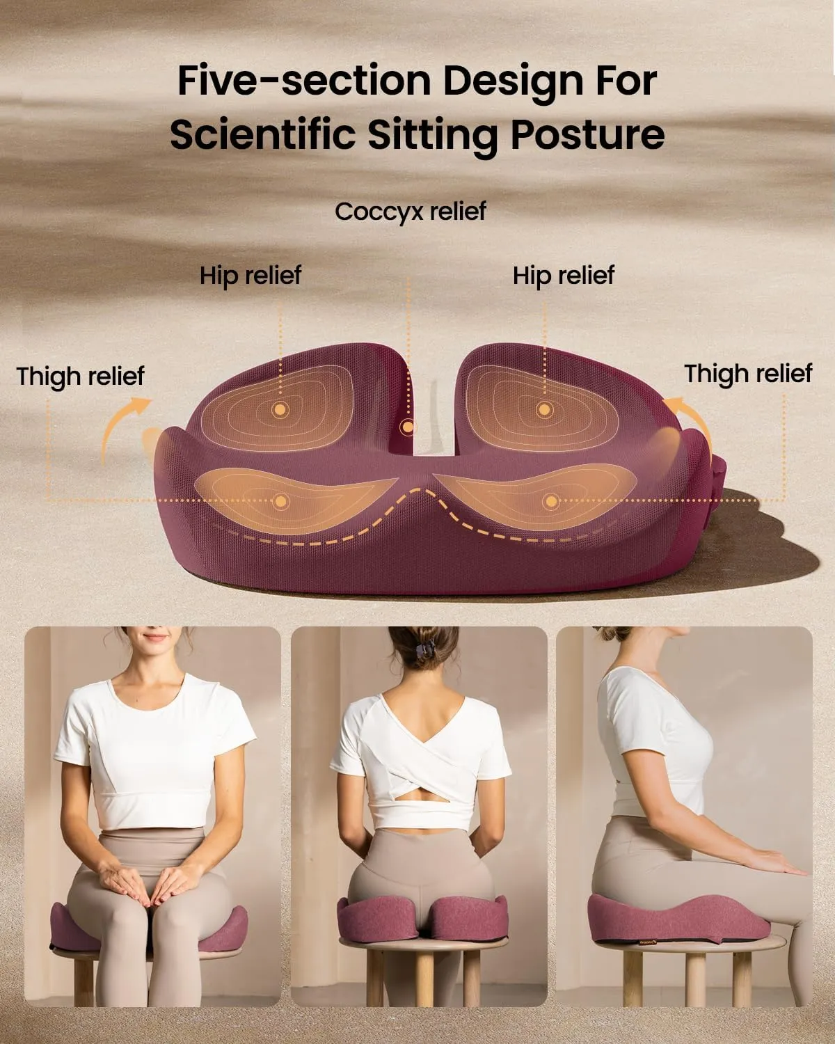 ProtoArc Seat Cushion for Tailbone Pain Relief, Office Chair Cushion, Coccyx Cushion, Ergonomic Memory Foam Seat Cushion for Home, Car, Pressure Relief Pad for Hip, Coccyx, All Day Comfort - Wine Red