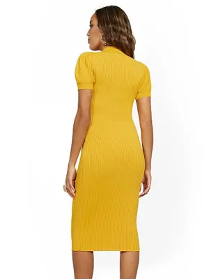Puff-Sleeve Polo Midi Sweater Dress