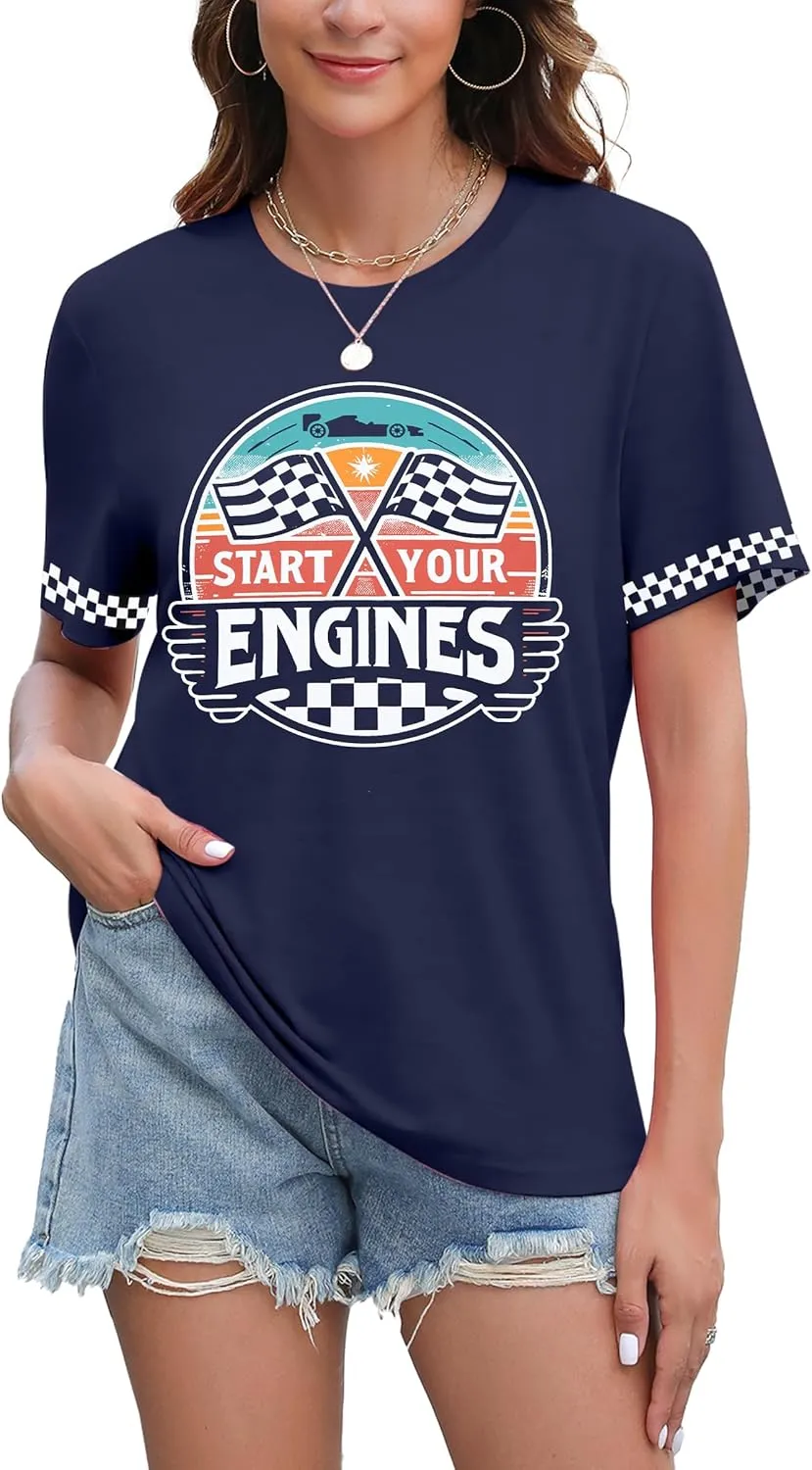Racing Shirt Women Vintage Checkered Flag Racing Shirts Start Your Engines Tshirt Raceday Casual Short Sleeve Tops