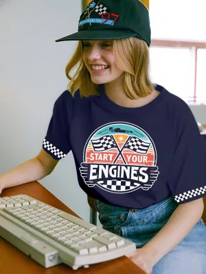 Racing Shirt Women Vintage Checkered Flag Racing Shirts Start Your Engines Tshirt Raceday Casual Short Sleeve Tops