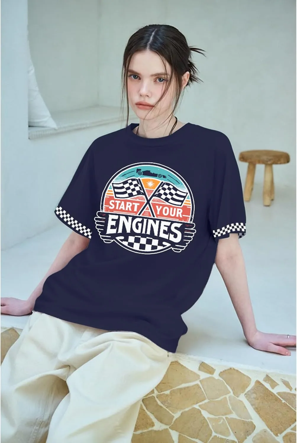 Racing Shirt Women Vintage Checkered Flag Racing Shirts Start Your Engines Tshirt Raceday Casual Short Sleeve Tops