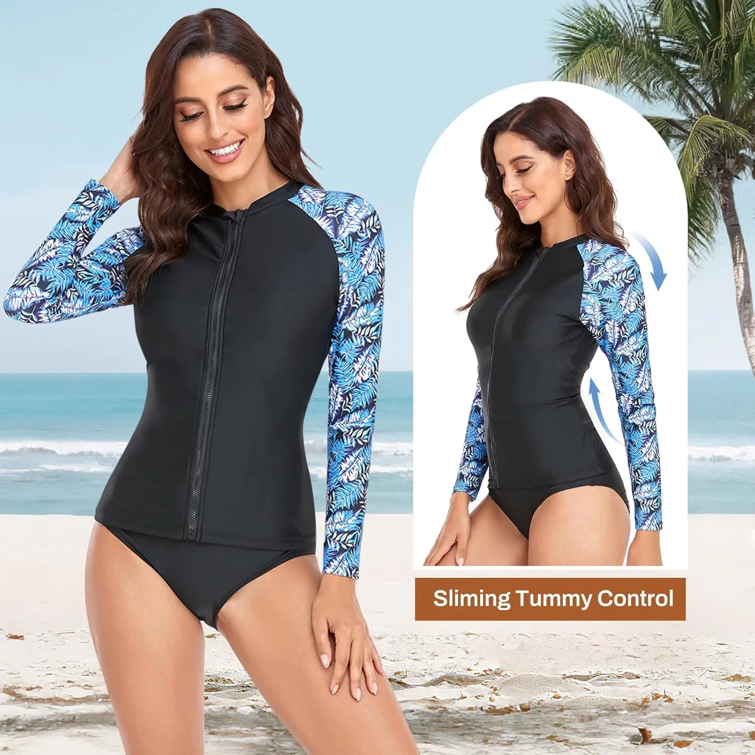 Rash Guard Long Sleeve One Piece Swimsuit for Women Zip Up Bathing Suits Sun Protection Swimwear with Built in Bra