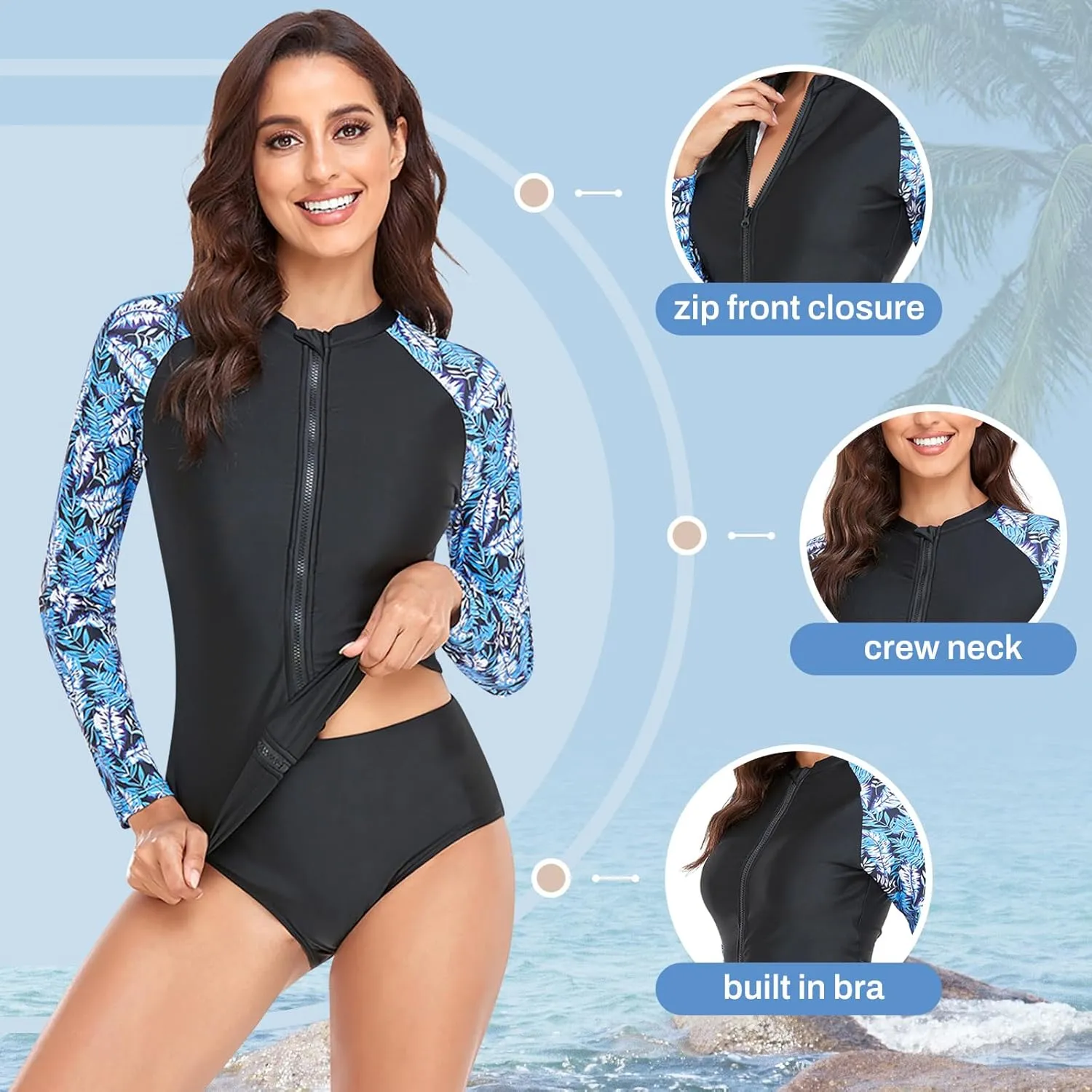 Rash Guard Long Sleeve One Piece Swimsuit for Women Zip Up Bathing Suits Sun Protection Swimwear with Built in Bra
