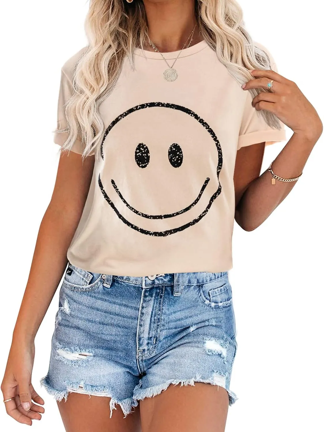 ReachMe Womens Summer Cute Smile Face T-Shirts Trendy Vintage Graphic Tops Casual Loose Short Sleeve Tee Shirts