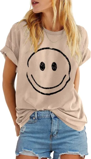 ReachMe Womens Summer Cute Smile Face T-Shirts Trendy Vintage Graphic Tops Casual Loose Short Sleeve Tee Shirts