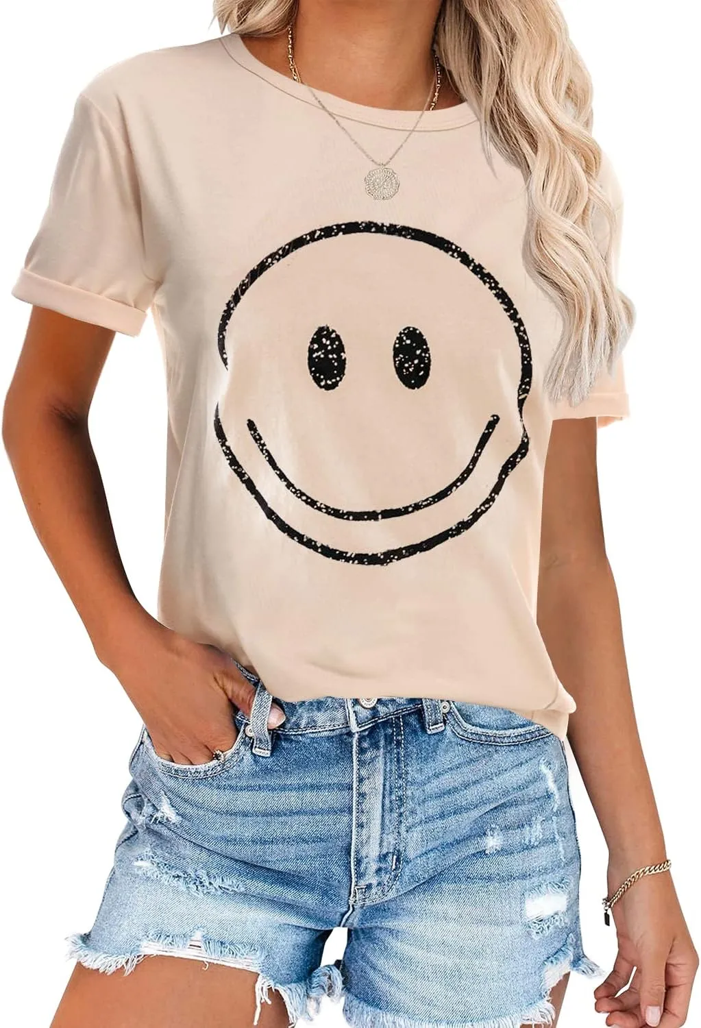 ReachMe Womens Summer Cute Smile Face T-Shirts Trendy Vintage Graphic Tops Casual Loose Short Sleeve Tee Shirts