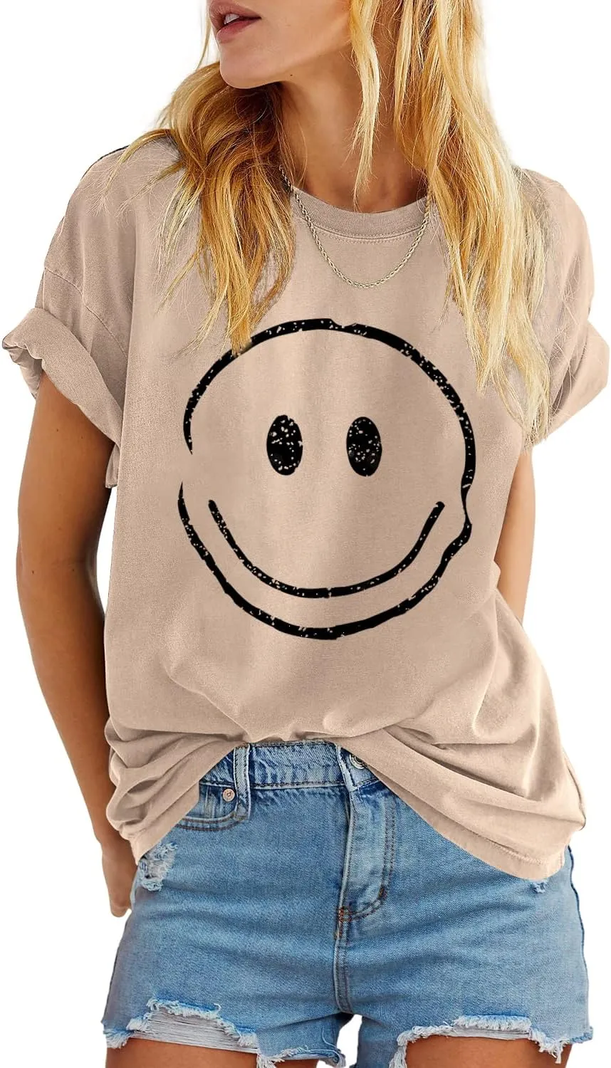 ReachMe Womens Summer Cute Smile Face T-Shirts Trendy Vintage Graphic Tops Casual Loose Short Sleeve Tee Shirts