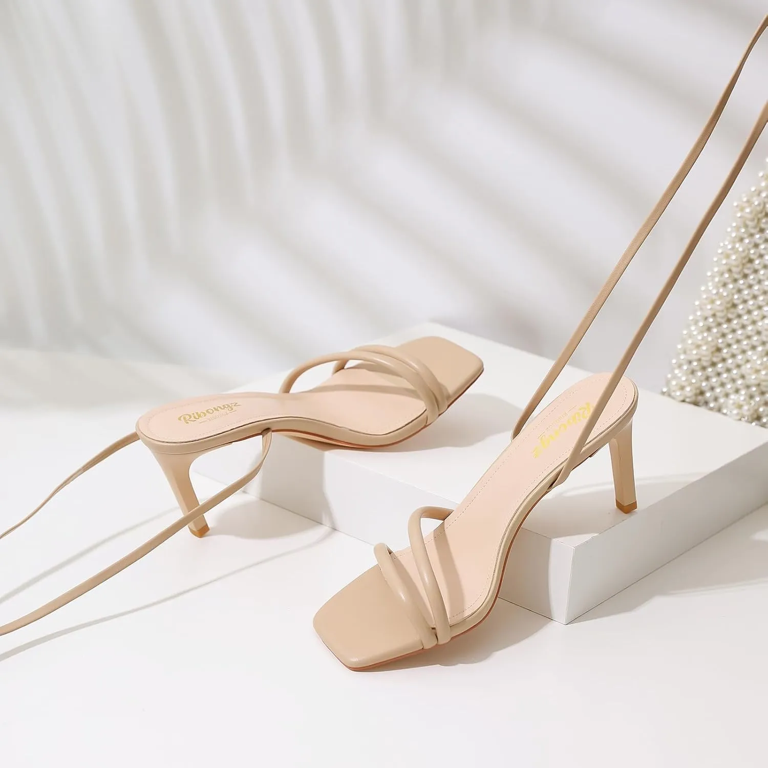 RIBONGZ Strappy Heels for Women Square Open Toe Tie Up Sandals Ankle Strap Lace Up Stiletto High Heels Sexy for Wedding Prom Party Comfort Dress Shoes