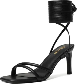 RIBONGZ Strappy Heels for Women Square Open Toe Tie Up Sandals Ankle Strap Lace Up Stiletto High Heels Sexy for Wedding Prom Party Comfort Dress Shoes