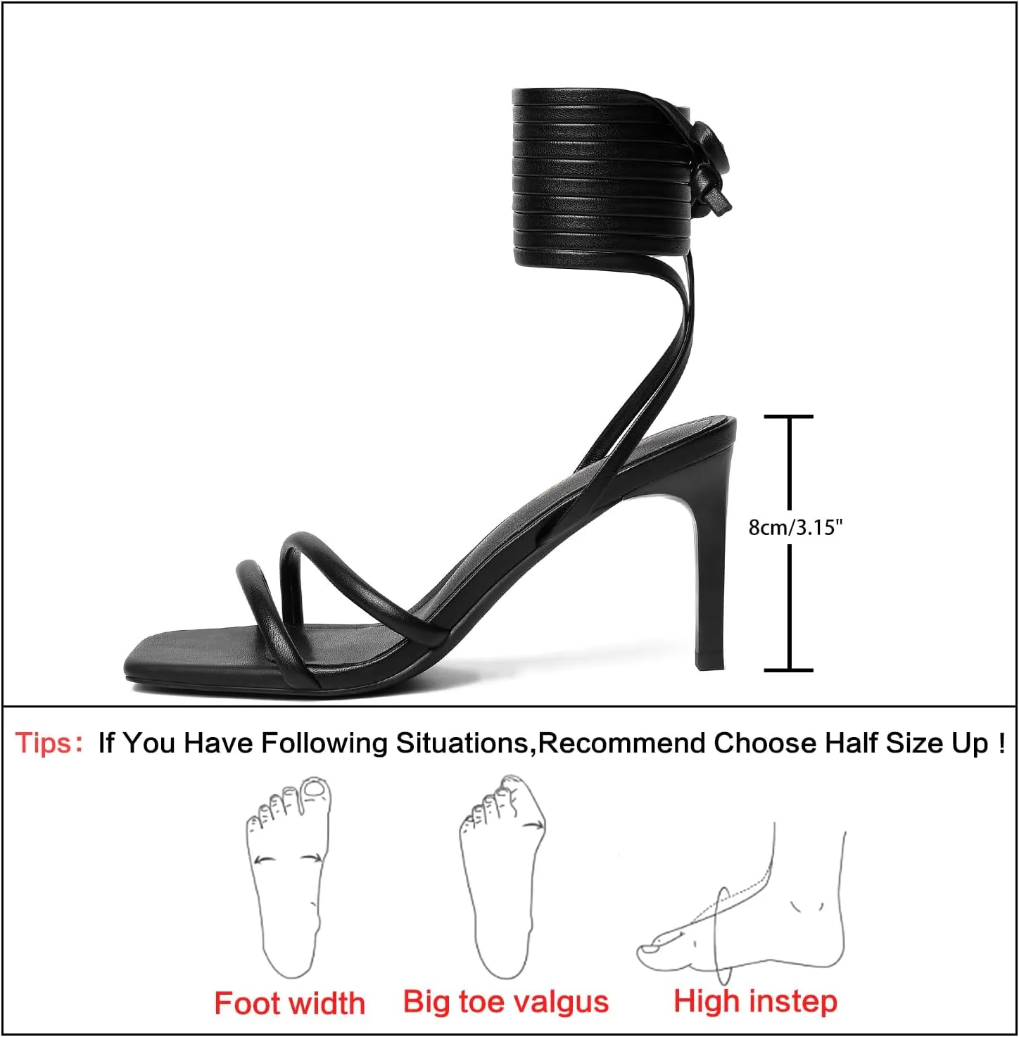 RIBONGZ Strappy Heels for Women Square Open Toe Tie Up Sandals Ankle Strap Lace Up Stiletto High Heels Sexy for Wedding Prom Party Comfort Dress Shoes