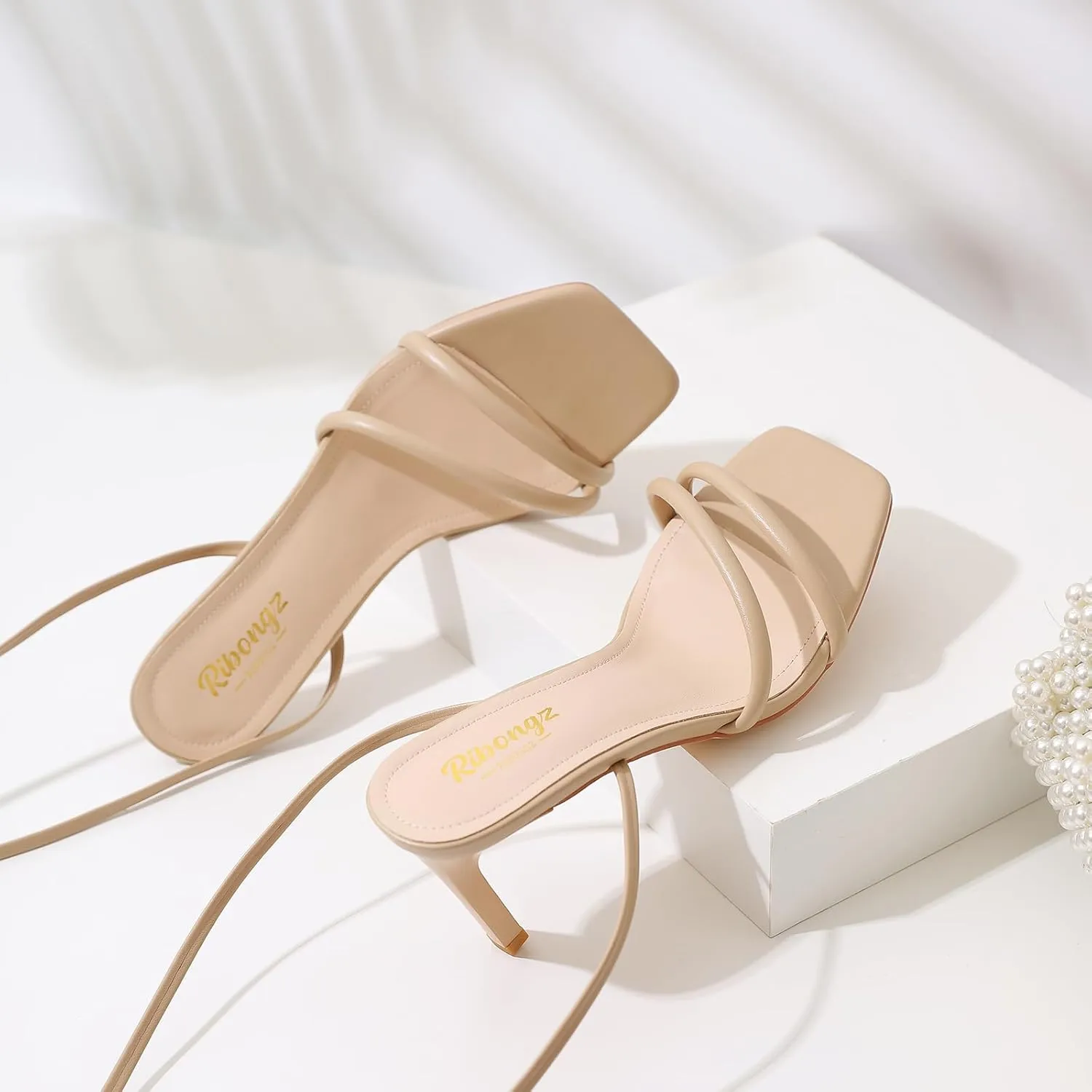 RIBONGZ Strappy Heels for Women Square Open Toe Tie Up Sandals Ankle Strap Lace Up Stiletto High Heels Sexy for Wedding Prom Party Comfort Dress Shoes