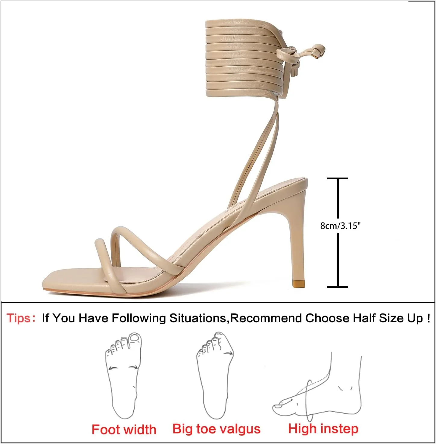 RIBONGZ Strappy Heels for Women Square Open Toe Tie Up Sandals Ankle Strap Lace Up Stiletto High Heels Sexy for Wedding Prom Party Comfort Dress Shoes