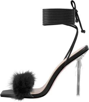 Richealnana Women's Fluffy Feather Pointed Toe Clear Heels Sandals