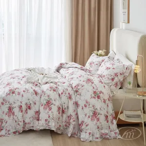 Rose Red Flower Comforter Set Queen Size Romantic Girls Lace Comforter Set Soft Microfiber Botanical Bedding Comforter Set 1 Floral Ruffled Comforter with 2 Pillowcases Lightweight Comfy