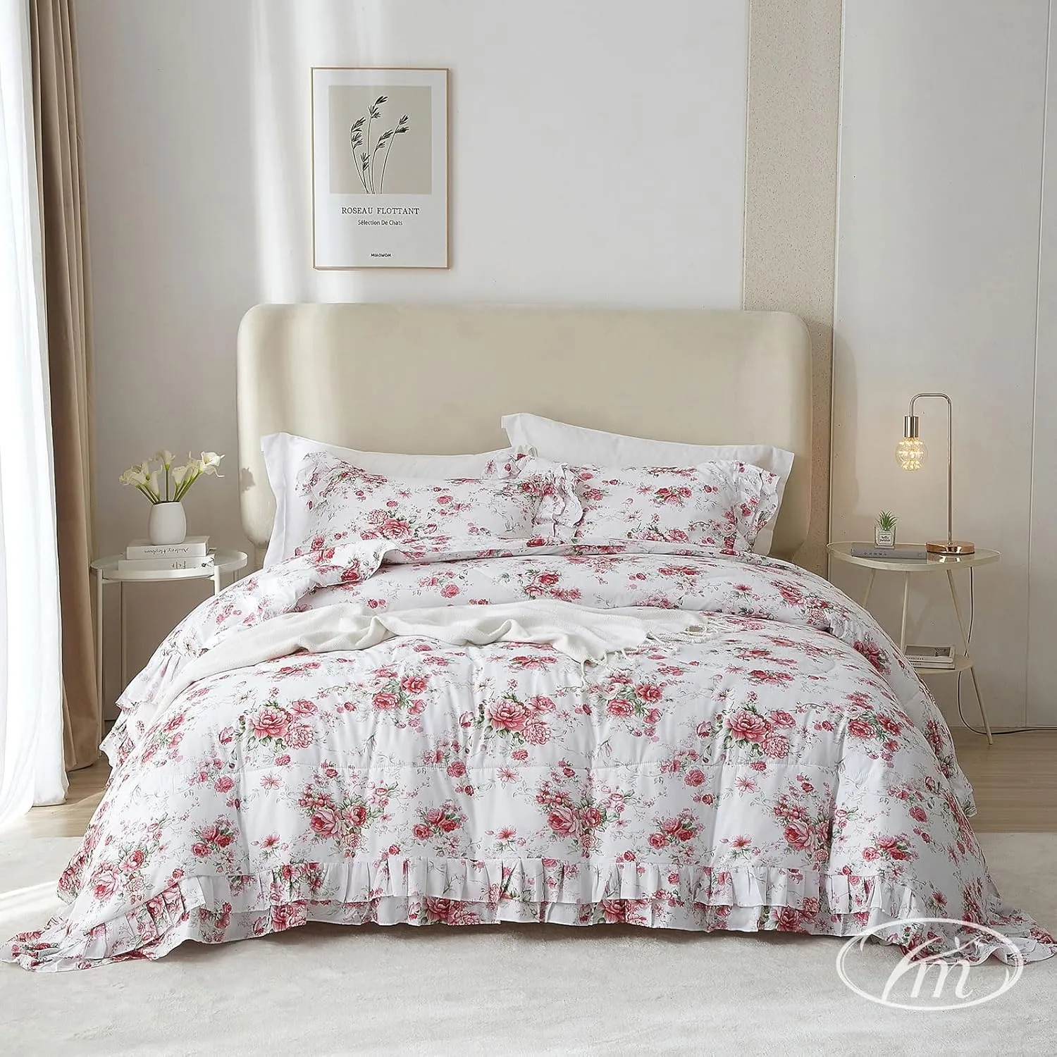 Rose Red Flower Comforter Set Queen Size Romantic Girls Lace Comforter Set Soft Microfiber Botanical Bedding Comforter Set 1 Floral Ruffled Comforter with 2 Pillowcases Lightweight Comfy