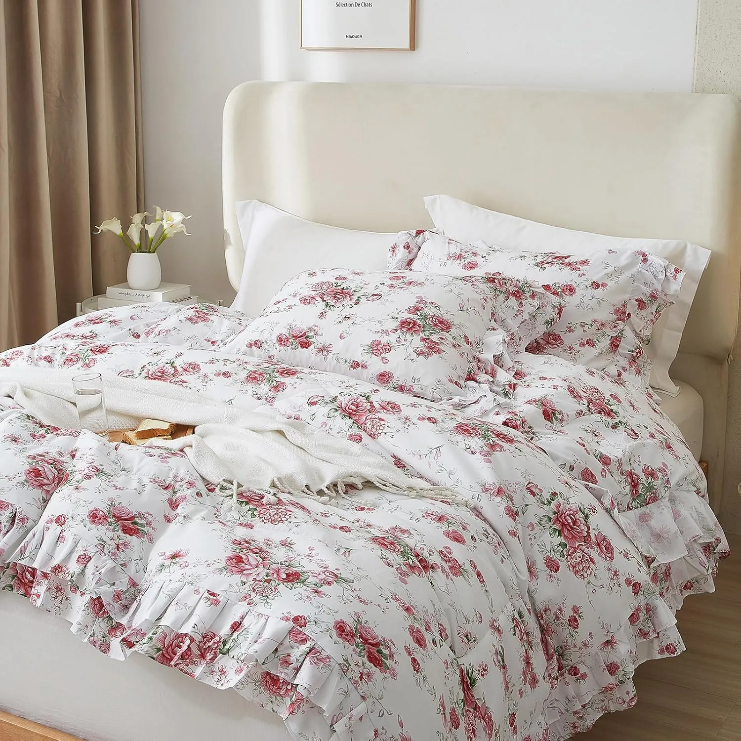 Rose Red Flower Comforter Set Queen Size Romantic Girls Lace Comforter Set Soft Microfiber Botanical Bedding Comforter Set 1 Floral Ruffled Comforter with 2 Pillowcases Lightweight Comfy