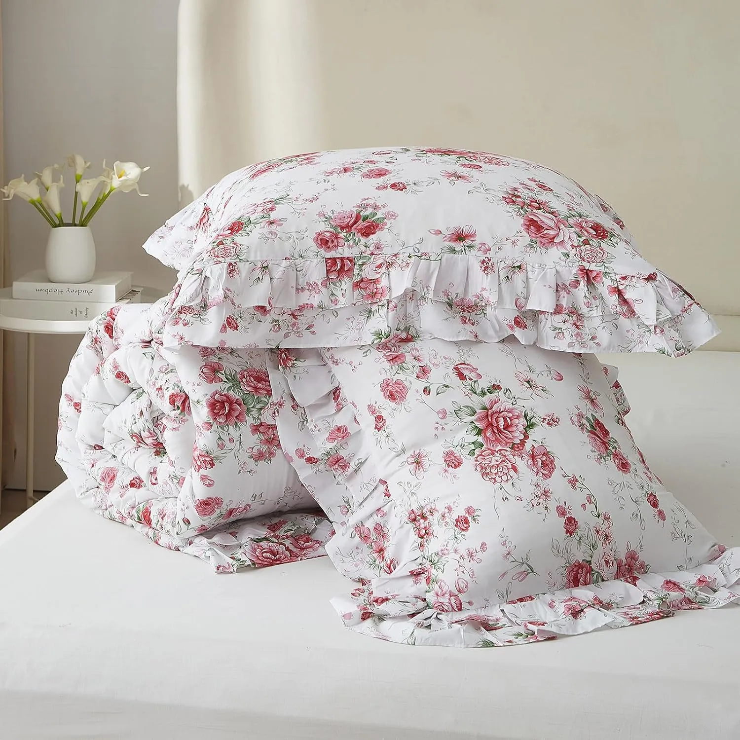 Rose Red Flower Comforter Set Queen Size Romantic Girls Lace Comforter Set Soft Microfiber Botanical Bedding Comforter Set 1 Floral Ruffled Comforter with 2 Pillowcases Lightweight Comfy