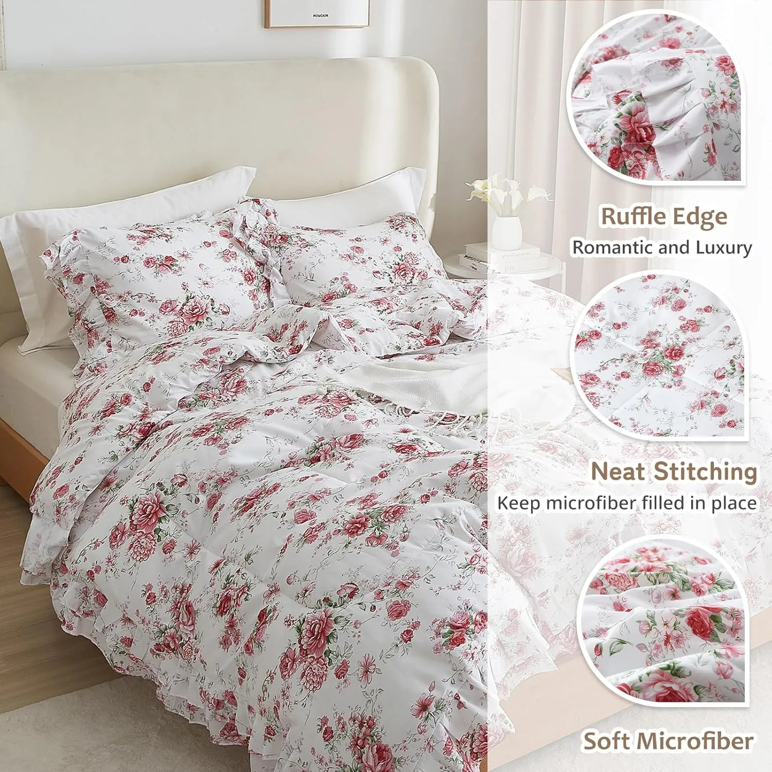 Rose Red Flower Comforter Set Queen Size Romantic Girls Lace Comforter Set Soft Microfiber Botanical Bedding Comforter Set 1 Floral Ruffled Comforter with 2 Pillowcases Lightweight Comfy