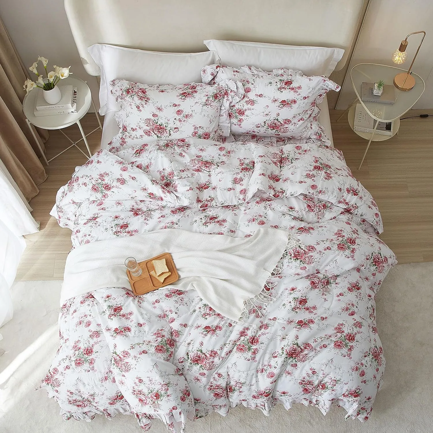 Rose Red Flower Comforter Set Queen Size Romantic Girls Lace Comforter Set Soft Microfiber Botanical Bedding Comforter Set 1 Floral Ruffled Comforter with 2 Pillowcases Lightweight Comfy