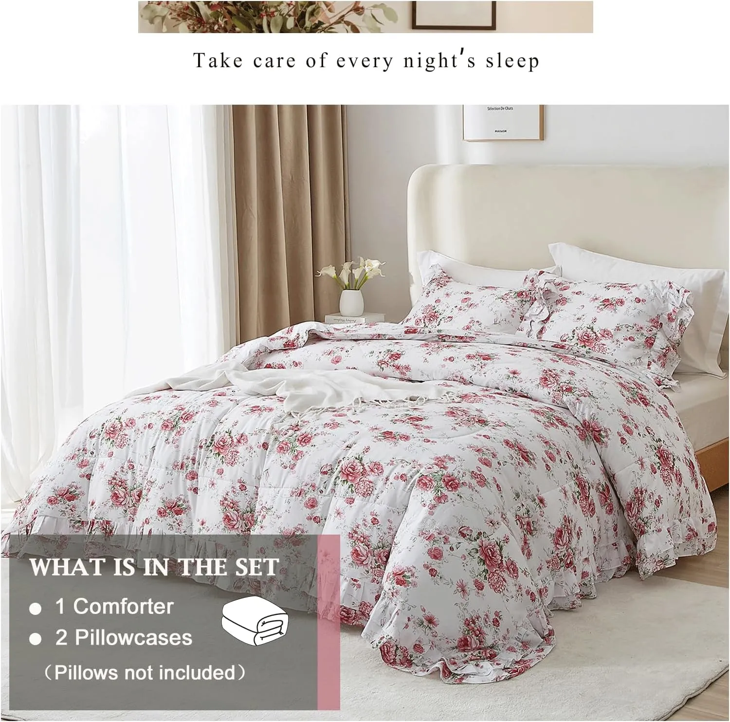 Rose Red Flower Comforter Set Queen Size Romantic Girls Lace Comforter Set Soft Microfiber Botanical Bedding Comforter Set 1 Floral Ruffled Comforter with 2 Pillowcases Lightweight Comfy