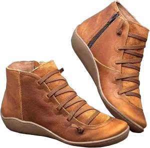 Ru Sweet Women's Arch Support Boots Comfy Lace Up Flat Heel Ankle Booties