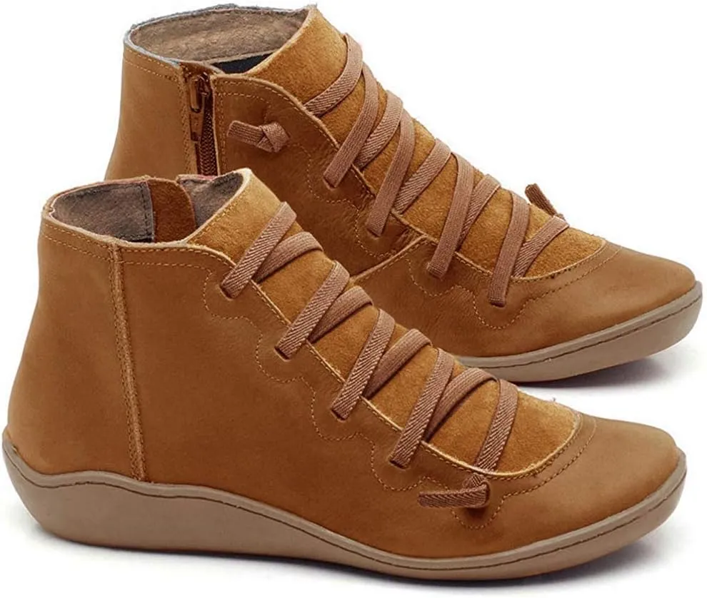 Ru Sweet Women's Arch Support Boots Comfy Lace Up Flat Heel Ankle Booties