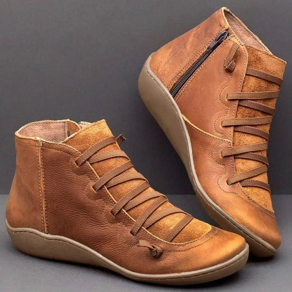 Ru Sweet Women's Arch Support Boots Comfy Lace Up Flat Heel Ankle Booties