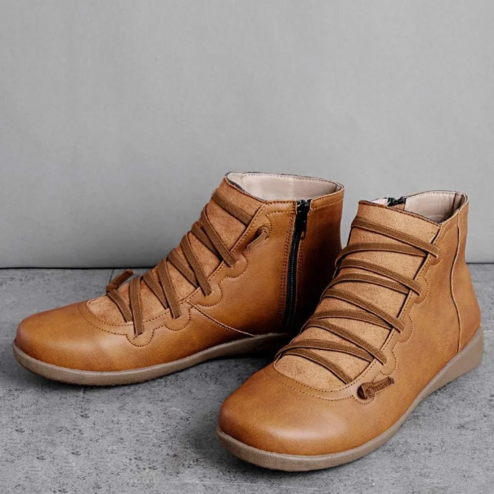 Ru Sweet Women's Arch Support Boots Comfy Lace Up Flat Heel Ankle Booties