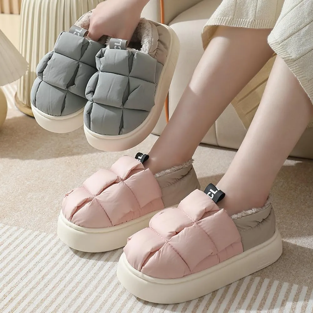 Rungion Furry Puffer Slippers for Women Men Warm Plush Lining House Slippers Comfy Wrap Heel Indoor Sandals Winter Outdoor
