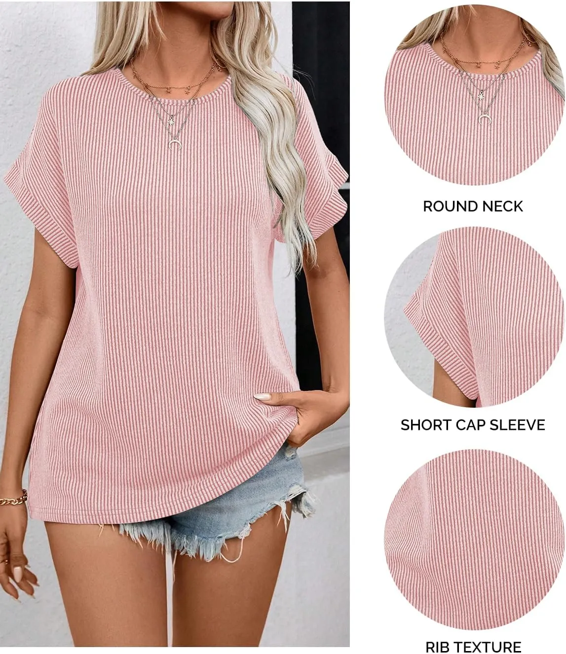 Samefar Womens Tops Dressy Casual Round Neck Short Cap Sleeve Shirts Rib Texture Loose Blouses Tee Cute Clothes Trendy
