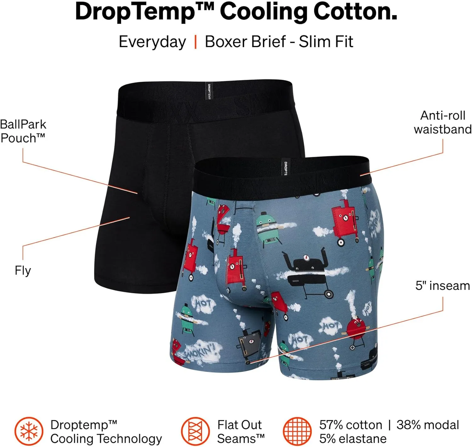 SAXX Underwear Co. Men's Underwear with Pouch Droptemp Cooling Cotton Boxer Brief Fly 2Pk