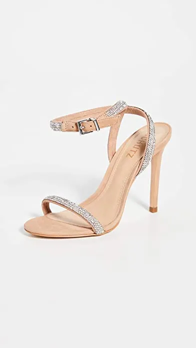 SCHUTZ Women's Mulan Strappy Sandals, Honey Beige/Crystal, Tan, Clear, 10 Medium US