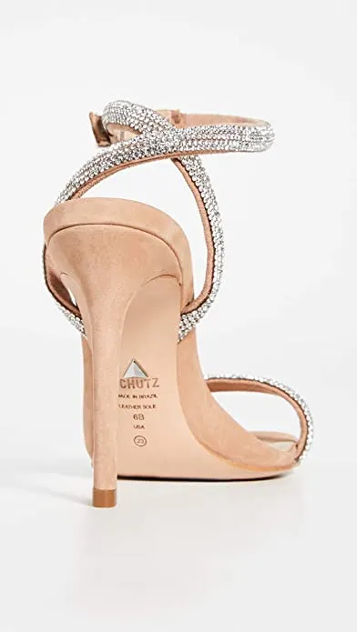 SCHUTZ Women's Mulan Strappy Sandals, Honey Beige/Crystal, Tan, Clear, 10 Medium US